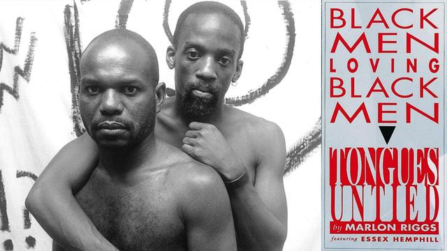 Affiche promotionnelle pour Tongues Untied : Black Men Loving Black Men.
Deux hommes noirs nous font face, regard camée. Le plus grand, derrière l'autre, exprime une forme d'attachement en l'enlaçant d'un seul bras. 