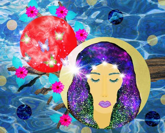 A woman with pink, purple, and aqua hair looks down as she ponders her life.  Behind her is a tree with flowers and rippling blue water.  Her thoughts are like glowing stars surrounding her head, floating away in the form of luminescent butterflies.
