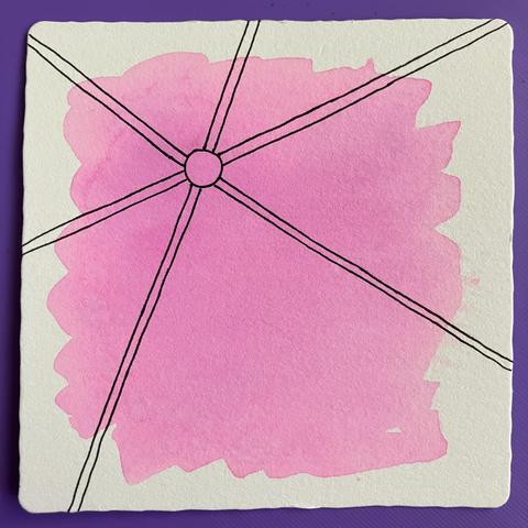 First few strokes of Arukas - a small off-centre circle with six radiating spokes reaching the edge of the tile 