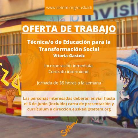 imagen anunciando oferta de trabajo. Convocatoria abierta por SETEM Hego Haizea para su sede en Vitoria-Gasteiz