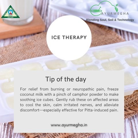 🌿 Tip of the Day: Ice Therapy for Pain Relief ❄️
Soothe burning or neuropathic pain naturally with this simple Ayurvedic remedy! Freeze coconut milk with a pinch of camphor powder and gently rub the ice cubes on affected areas to calm nerves, cool the skin, and reduce discomfort—especially beneficial for Pitta-induced pain. ✨

Try this at home and feel the difference.
Have questions? We’re just a call away!

📞 +91 7207959357 | +91 9154976896
🌐 www.ayurmegha.in
📍 Ayurmegha Restoration Center, Banjara Hills, Hyderabad

#Ayurmegha #IceTherapy #PittaRelief #AyurvedicTips #NaturalHealing #PainRelief #AyurvedaForAll #WellnessJourney