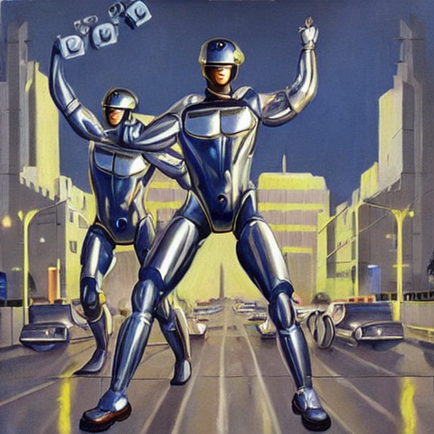 AI-generated poster of two towering men in sleek metallic armor raising their arms in triumph astride a retrofuturistic highway