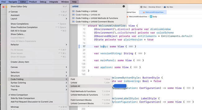 Screenshot of Xcode with code folded. Help menu is open searching for the "Unfold All" command.