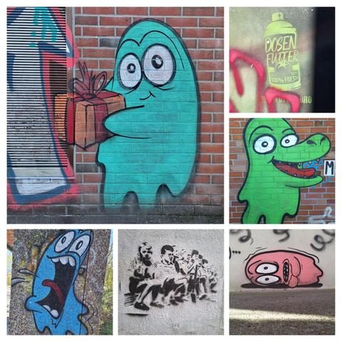 A collage of six graffitis: top left is a larger picture than the others, showing green ghost with a kind face offering a present in orange wrapping paper and red ribbon. The other five pictures are organised as quadratic tiles at the bottom and to the right of the bigger picture. Bottom left is a blue ghost with eyes and mouth wide open in shock; middle bottom picture, a black stencil graffiti of a group of kids sitting on a curb; bottom right, a pink ghost lying on the floor and being afraid; right middle picture a graffiti of a green ghost whose mouth is open and looks a bit like that of a crocodile; top a greenish-yellow stencil graffiti of a spray can with a tomato on it and the print "Dosenfutter since 1999 100% fresh" (food from a tin can since 1999 100% fresh). The ghosts are likely all from the Lüneburg sprayer "Ande" (swedish for "ghost")