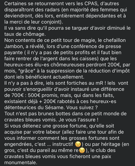 Certaines se retourneront vers les CPAS, d’autres disparaîtront des radars (en majorité des femmes qui deviendront, dès lors, entièrement dépendantes et à la merci de leur conjoint).  Il va sans dire qu’il pourra se targuer d’avoir diminué le taux de chômage. Non contents de ce petit tour de magie, le chefaillon Jambon, a révélé, lors d’une conférence de presse payante ( il n’y a pas de petits profits et il faut bien faire rentrer de l’argent dans les caisses) que les heureux•ses élu•es chômeureuses perdront 200€, par mois, “grâce” à la suppression de la réduction d’impôt dont iels bénéficient actuellement. Il n’y a pas à dire, iels sont fortiches au mR ! Iels  vont pouvoir s’enorgueillir d’avoir instauré une différence de 700€ : 500€ promis, mais, qui dans les faits, existaient déjà + 200€ rabotés à ces heureux•es détenteurices du Sésame. Vous suivez .  Tout n’est pas brunes bottes dans ce petit monde de cravates bleues vomis. Je vous l’assure ! Si vous détenez une grosse fortune, qu’elle soit acquise par votre labeur (allez faire une tour afin de vous informer comment les grosses fortunes sont engendrées, c’est … instructif 😉) ou par héritage (en gros, c’est du pareil au même re😉), le club des cravates bleues vomis vous ficheront une paix monumentale.