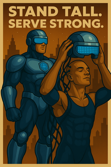 AI-generated image of a propaganda poster. "Stand Tall. Serve Strong." A man in a helmet and armor watches a man proudly donning an identical helmet.