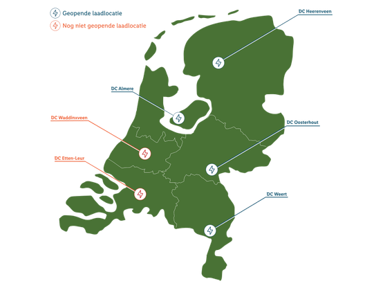 Map of the Netherlands indicating the current and planned charging locations at LIDL depots