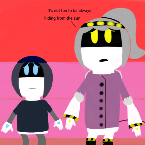 Drawing of D and Minerva sitting on a couch. D looks sad and says "...It's not fun to be always hiding from the sun" and Minerva looks sympathetic at D