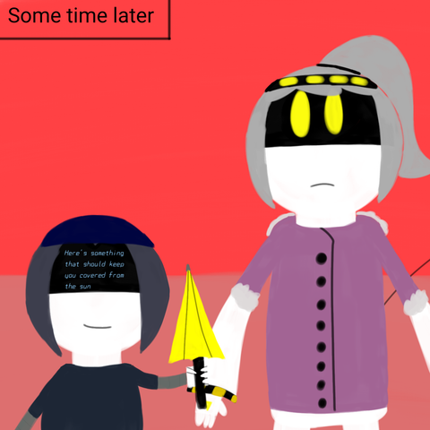 Drawing of Minerva and D standing. Minerva is smiling, holding an yellow umbrella on her hand and the text on Minerva's visor says "Here's something that should keep you covered from the sun". D has a neutral expression on his face and looks at Minerva. There is a text above them that says "Some time later"