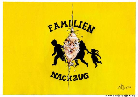 Karikatur. Eine gelbe Fläche mit der Aufschrift Familiennachzug wird von hinten von Minister Dobrindt eingerissen. Sein grinsendes Gesicht blickt uns durch den gerissenen Spalt, der mitten durch die schwarze Silhouette einer symbolisierten Familie geht, an.