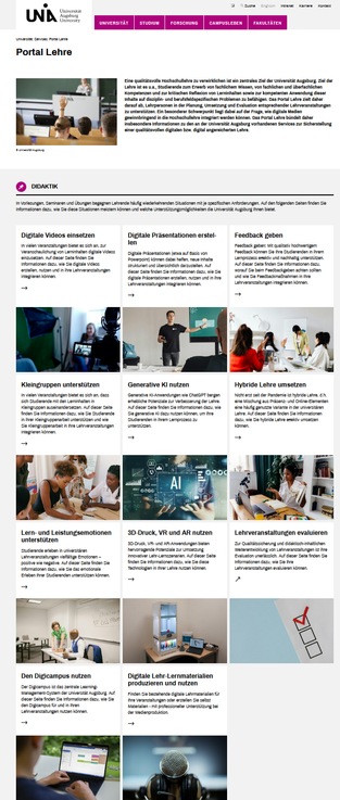 Screenshot der Website „Portal Lehre“ der Universität Augsburg. Zu sehen ist eine strukturierte Übersicht des Didaktikbereichs mit einem Einleitungstext und einem Raster aus 12 Themenfeldern, darunter „Digitale Videos einsetzen“, „Generative KI nutzen“, „Hybride Lehre umsetzen“ und „3D-Druck, VR und AR nutzen“. Jedes Feld enthält ein Bild, eine kurze Beschreibung und einen Link für weiterführende Informationen. Ziel ist es, Lehrende bei der Planung und Durchführung digital unterstützter Lehrveranstaltungen zu unterstützen.