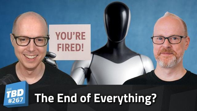 Matt and Sean Ferrell in front of a robot holding up a sign that says "You're Fired!"