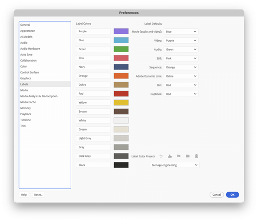 A screenshot of the Premiere Pro label color preferences 