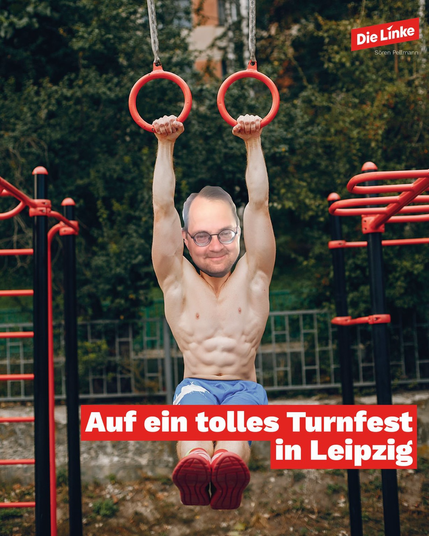 Ein KI generierter Turner mit einem Kopf von Sören Pellmann. Dazu der Aufdruck auf ein tolles Turnfest in Leipzig.