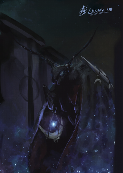 Digital illustration depicting, in a night scene, an anthropomorphic moth, wearing crescent moon-themed adornments and holding a moon-shaped lantern as well, glowing in a somewhat dim blue light. The moth has galaxy-like formations on their eyes and appears to be walking across some sort of ruins or old fantasy stone buildings, while spreading star-filled dust from their wings, which somewhat resemble the night sky.
