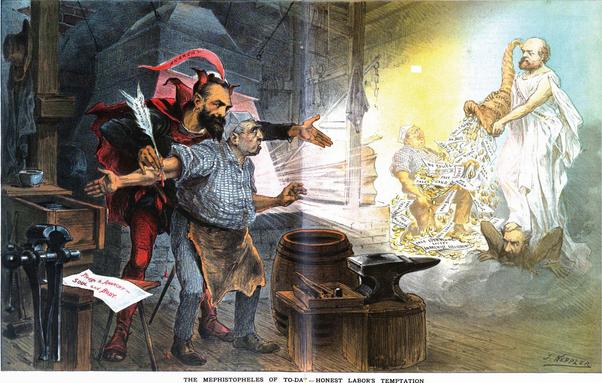 The devil tempting a worker with stuff like "free beer, free food, no rent, no police, free boycotts, Free everything except anarchist assessments"