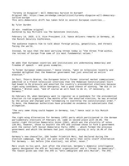 First page of author Guy Millière text about the dangers of ruling party in European Union.