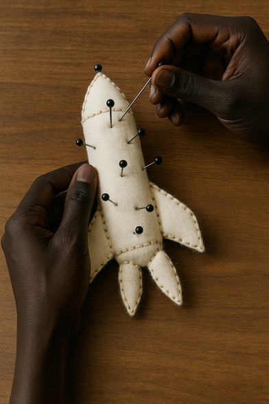 Pair of hands on a table top sticking pins into a voodoo doll of a rocket