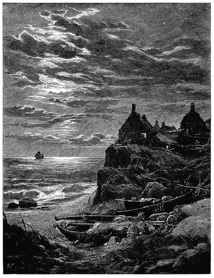 Night landscape featuring a creek on a rocky seafront, with small fishing boats in the foreground and houses perched atop a small cliff a little farther away.
