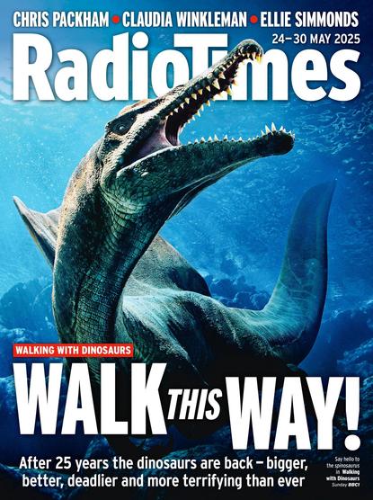 Radio Times May 2025 edition featuring the Spinosaurus from the new Walking With Dinosaurs series.