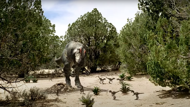 Screenshot of a scene from the Ballad of Big Al, showing an Allosaurus mother watching over her young. Image: BBC.