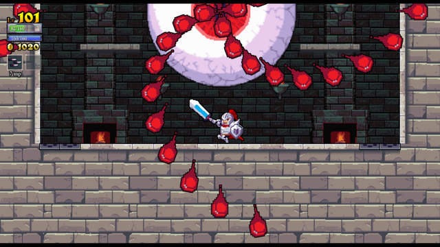 Cena do jogo Rogue Legacy em estilo pixel art. Um personagem masculino, vestido como um cavaleiro com armadura prateada, escudo e espada, está sobre uma plataforma de pedra enfrentando o chefe Khidr — um enorme olho flutuante com a íris vermelha. O chefe dispara vários projéteis vermelhos em diferentes direções. À esquerda da tela, há um painel com informações do jogo, como o nível do personagem (101), barras de vida e mana, quantidade de ouro (1020) e magia equipada. O fundo mostra uma parede de tijolos escuros com tochas e chamas acesas.