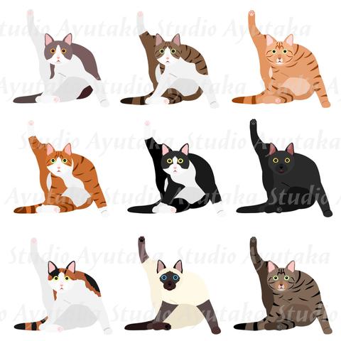 a bundle of cliparts of funny cats grooming.