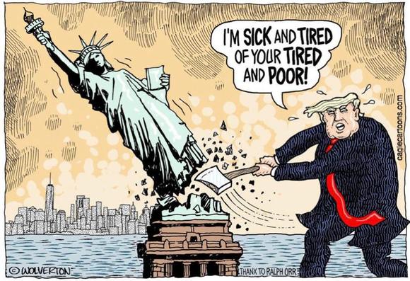 Cartoon by Wolverton: The mangled apricot hellbeast swings an axe, knocking down the Statue of Liberty while saying, "I'm sick and tired of your tired and poor!"