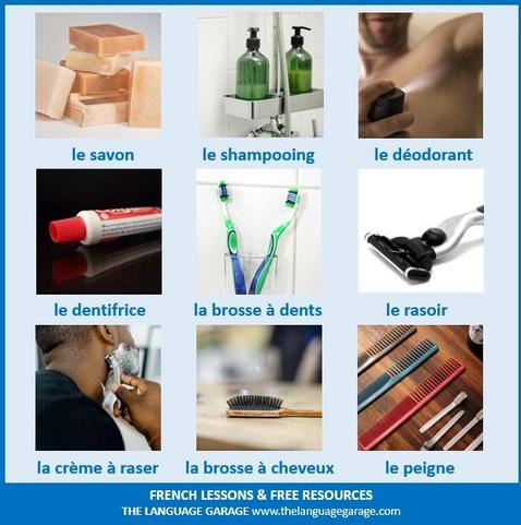 French vocabulary for the bathroom, images of items found in a bathroom