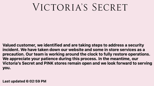 Screenshot of the website with the message about the security incident.