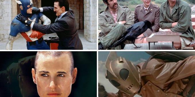 Title Card for the Video Store Podcast for the week of May 26, 2025, featuring Captain America (1990), M*A*S*H (1970), G. I. Jane, and The Rocketeer. 