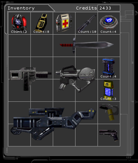 An inventory screen containing:
Guided Explosive Projectile (GEP) Gun
Sword
Multitool (Count: 8)
Bioelectric Cell (Count: 4)
Lightweight Attack Munitions (LAM) (Count: 3)
Pepper Gun
Pistol
Scramble Grenade (Count: 3)
Electromagnetic Pulse (EMP) Grenade (Count: 4)
Medkit
Assault Rifle
Assault Shotgun
Lockpick (Count: 10)
