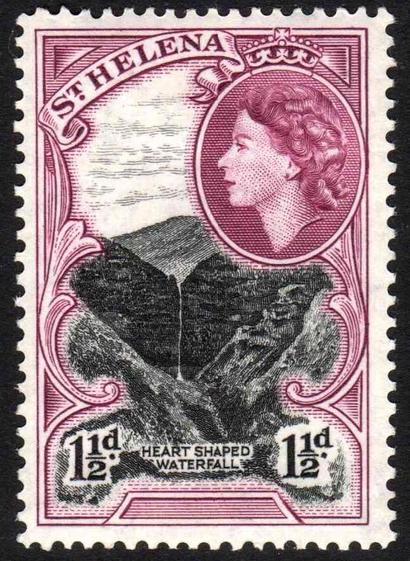 Vintage postage stamp depicting a Queen, heart-shaped waterfall, and St. Helena.