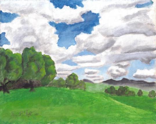 Painting of a sky with cumulus clouds and blue sky between them. Below are bright green trees and fields. Dark mountains are seen in the distance with some mist in the distant fields.