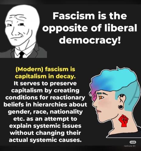 "Fascism is the opposite of liberal democracy!"

(Modern) fascism is capitalism in decay. It serves to preserve capitalism by creating conditions for reactionary beliefs in hierarchies about gender, race, nationality etc. as an attempt to explain systemic issues without changing their actual systemic causes.