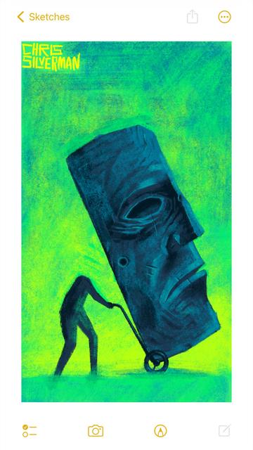 A person without a head pushes a hand trolley on which is placed a giant stone head. The head is several times the size of the person and rectangular, with harsh, craggy features and empty eyes. A small hole on its cheek suggests that it might be a mask. The head is a dull, stony blue. The ground and background are bright green. The painting is signed "Chris Silverman".