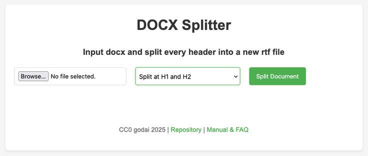 Web interface of the DOCX splitter app, which splits DOCX files by headings. Shows file input field, heading level selector dropdown, action button, and footer with links.