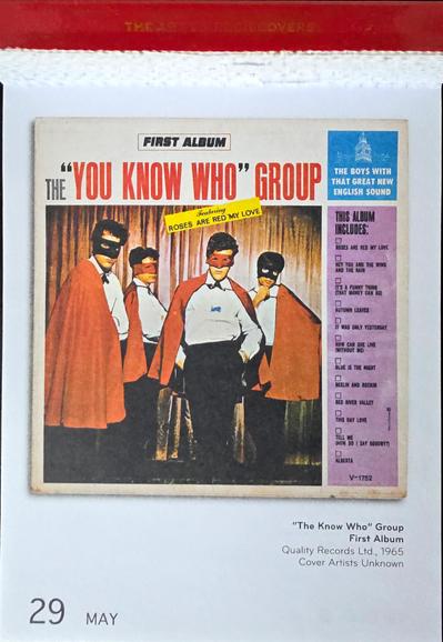 Abreißtageskalender von seltmann mit dem Kalenderblatt des Vinyl-Covers der LP "First Album" (1965) von The "You Know Who" Group