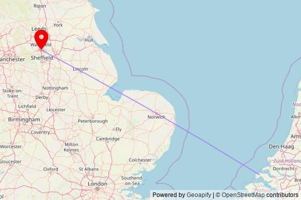 A map showing the great circle route from Noordwelle in the Netherlands to a map pin at St Mary's Gate, Barnsley, S70 2HW, United Kingdom