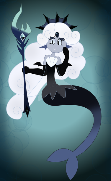 Drawing of Black Pearl Cookie from Cookie Run Kingdom. She shows a smug face and holds a trident. The background displays bubbles on the left and right sides of the picture.