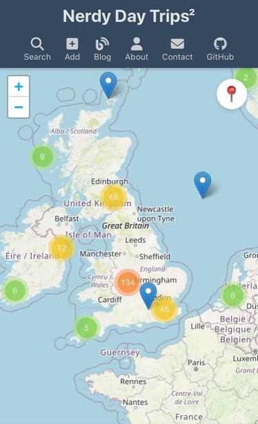 As screenshot of the Nerdy Day Trips website, showing a map and some pins