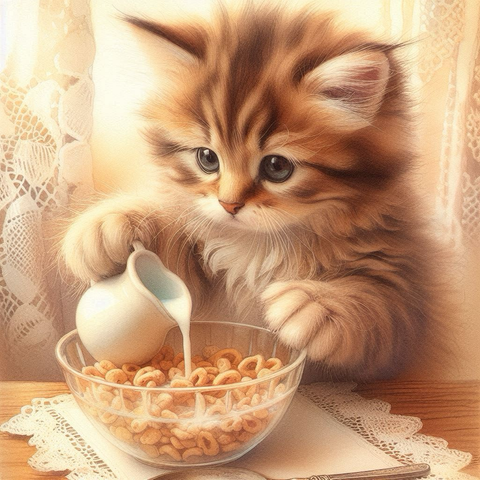朝食に茶色い縞模様の子猫がシリアルに牛乳を注いでいる。 