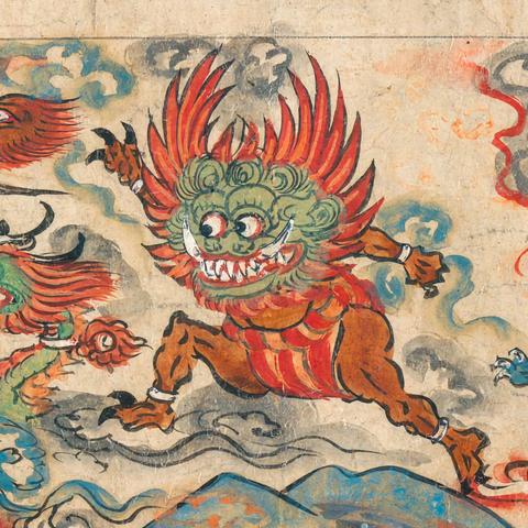 Demonic figure with a flaming head from the Japanese emakimono Kako genzai e-inga-kyō (The Illustrated Sutra of Past and Present Karma), 13th century (Kamakura period). Scene from the temptations and meditative trials of the Buddha. This narrative handscroll illustrates karmic causality through visual allegory. The exaggerated features of the figure shown in this excerpt — bulging eyes, sharp teeth, clawed limbs — and especially the fiery crown, mark it as an embodiment of dangerous inner forces. Its grotesque, animated posture suggests aggression and disruption, typical of depictions of Māra’s army attempting to obstruct the Buddha’s path to awakening. The flaming motif is deeply symbolic in Buddhist thought, especially in the context of taṇhā (Pāli; Sanskrit: tṛṣṇā), or “craving” — a central cause of suffering in the Four Noble Truths.