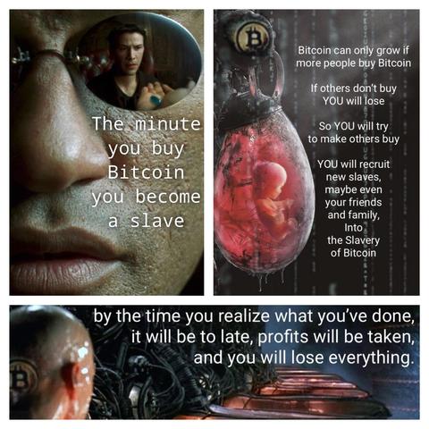 The image is a collage with two main sections. The top section features a fetus inside a mechanical womb with a Bitcoin symbol above it. The accompanying text warns that Bitcoin's growth relies on new investors, suggesting that those who invest may push others to do the same. The bottom section shows Neo waking up from the Matrix, a row of similar mechanical wombs connected by wires and tubes, with text warning of potential financial losses.