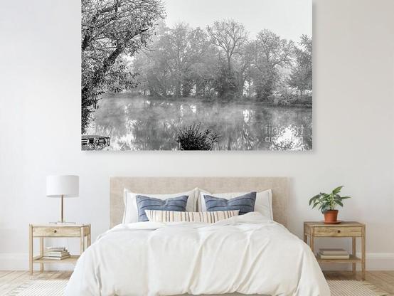 A black and white view standing at the edge of a river bank on an autumn season morning as a thick haze fills the crisp air. This is the Finley River in Ozark, Missouri @fineartamerica https://5-jennifer-white.pixels.com/featured/finley-river-foggy-autumn-riverbank-grayscale-jennifer-white.html
#blackandwhitephotography #buyintoart #wallart #officeart #largeart