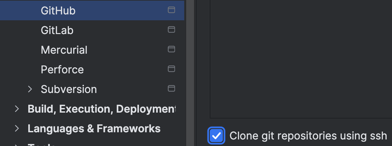 IntelliJ IDEA Settings screen with GitHub selected on the left and the option "Clone git repositories using ssh" selected on the right. 