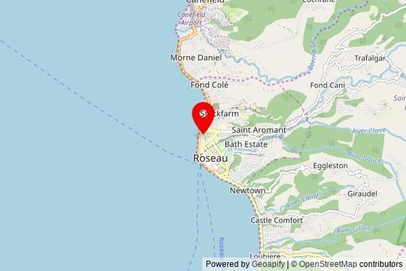 A partially zoomed out map with a pin at the position of St. Alphonsus Church, Winston Lane, Roseau, Dominica