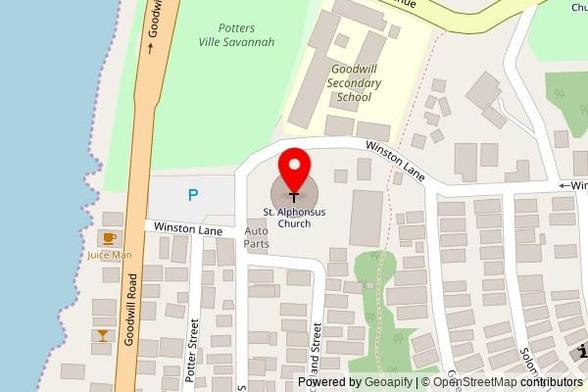 A zoomed out map with a pin at the position of St. Alphonsus Church, Winston Lane, Roseau, Dominica