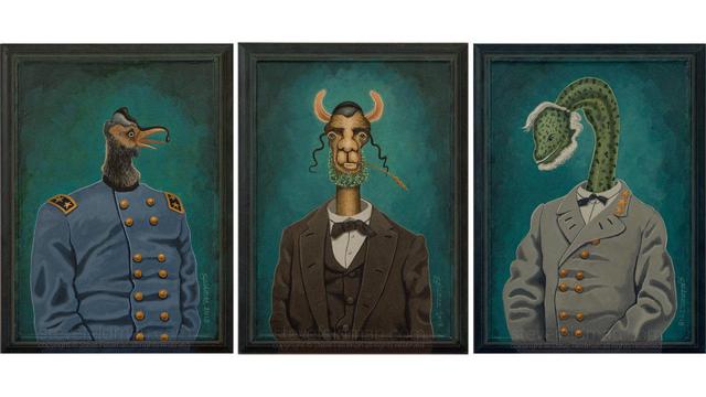 My acrylic series titled "Evil War Triptych" with individual titles reading from left to right: "Molassees S. Grunt", "Avrom Lichen" and "Rupert Eely" are fanciful portraits of the three prominent civil war figures.