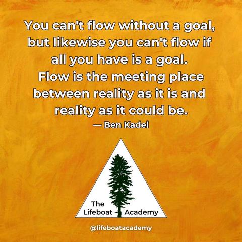A social post from @lifeboatacademy which says: "You can't flow without a goal, but likewise you can't flow if all you have is a goal. 
Flow is the meeting place between reality as it is and reality as it could be."
— Ben Kadel